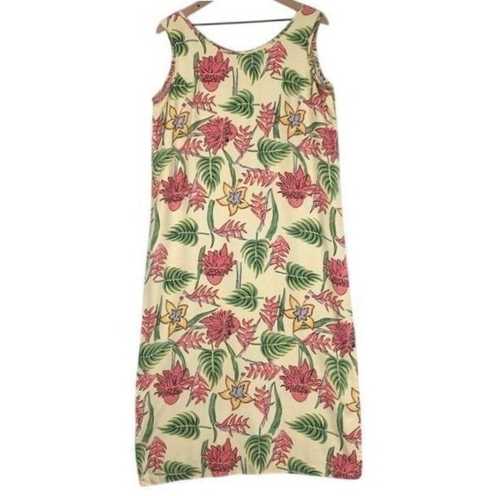 Vtg PINEAPPLE MOON 100% Silk Tropical Floral Sleeveless Midi Dress Sz L